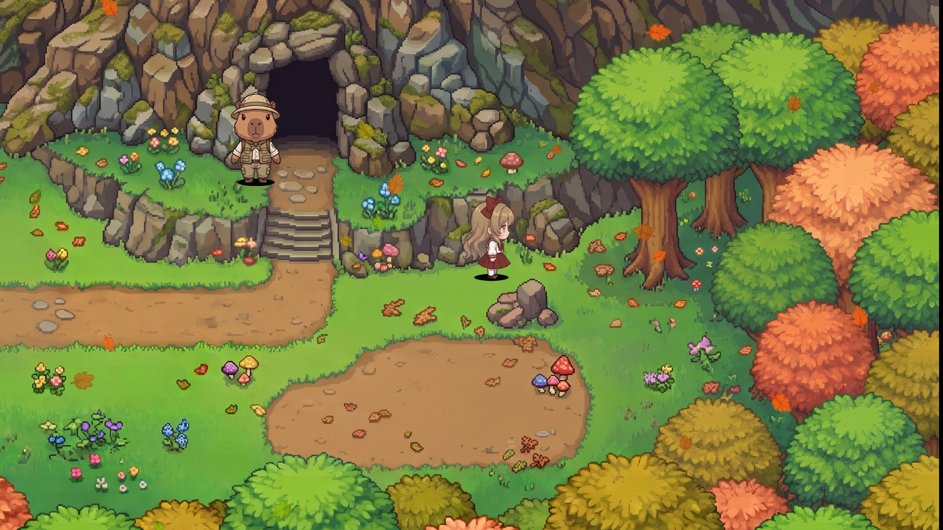 Rose explores outside a mountaintop cavern in the autumn forest