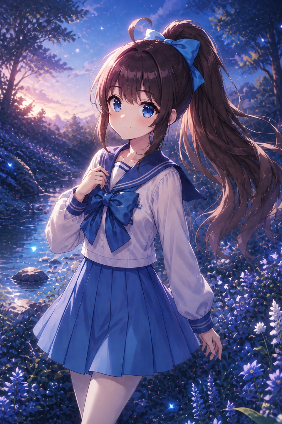 Lilia, a girl with a brown ponytail, a blue bow, and a blue-and-white sailor uniform