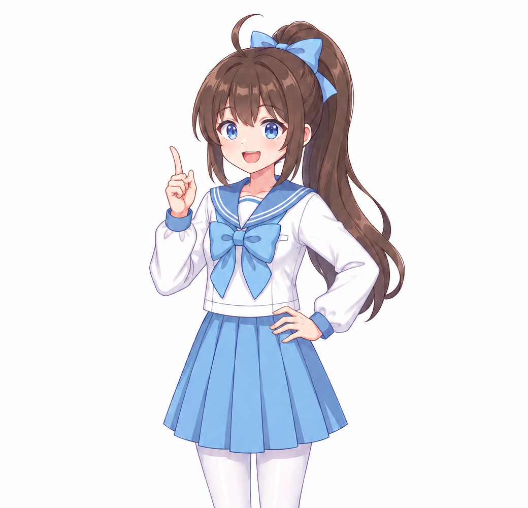 Lilia,棕色高马尾、蓝色蝴蝶结与蓝白水手服的少女